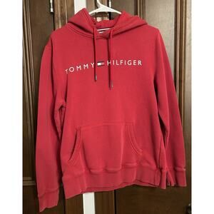 Tommy Hilfiger Mens Red Pullover Hoodie Medium Logo Flag Cotton Sweatshirt